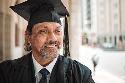 Buy stock photo Senior man, graduate of law and smile outdoor, academic achievement and education in the city. Male lawyer on urban sidewalk, happy at graduation and success with pride, university event and goals
