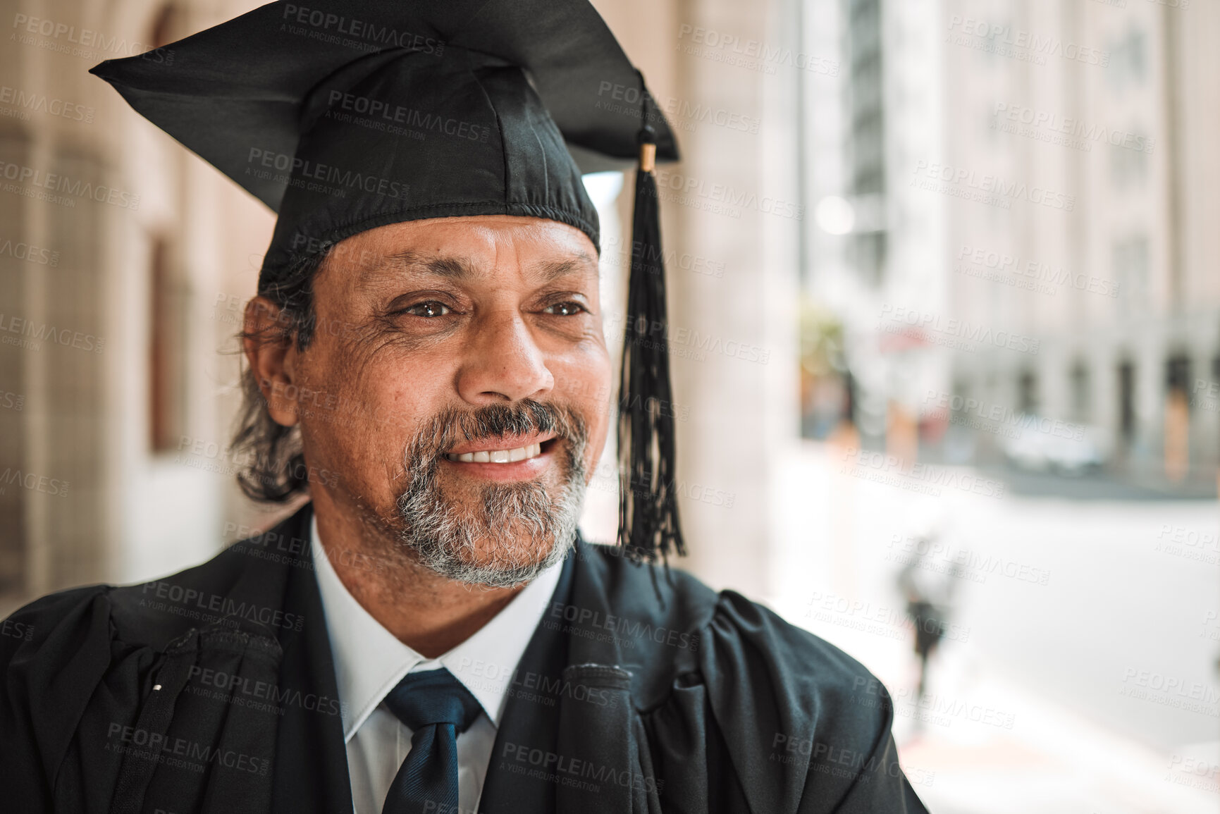 Buy stock photo Senior man, graduate of law and smile outdoor, academic achievement and education in the city. Male lawyer on urban sidewalk, happy at graduation and success with pride, university event and goals