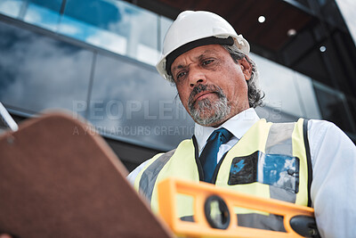 Buy stock photo Architecture, checklist and man with tools for construction site inspection, compliance or project management in city. Contractor, manager or person in urban engineering, outdoor and clipboard survey