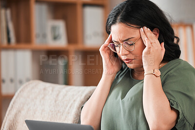 Buy stock photo Stress, headache and woman in her living room working on a deadline project on a laptop for remote job. Burnout, migraine and young female creative freelancer doing research on computer in apartment.