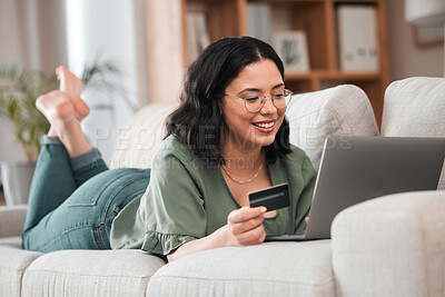 Buy stock photo Credit card, computer and woman for home online shopping, e learning and fintech payment on sofa. Relax, student loan and person on laptop banking, study subscription or website transaction on couch