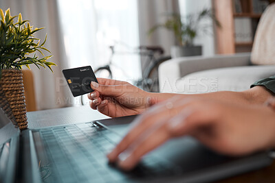 Buy stock photo Hand, laptop and credit card for payment with a customer on the internet from home. Computer, ecommerce and online shopping with a person using a bank app for finance, accounting or budget planning