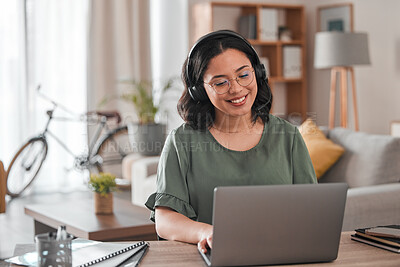 Buy stock photo Consulting, remote work and woman with laptop for call center communication and consultation. Smile, advice and young female customer service agent typing on a computer from a house for telemarketing