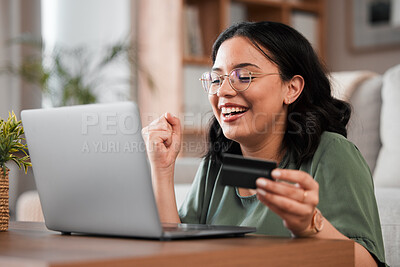 Buy stock photo Credit card, laptop and woman or winner for home online shopping, e learning success or fintech payment. Yes, student loan and happy person for banking, study subscription and financial bonus or sale