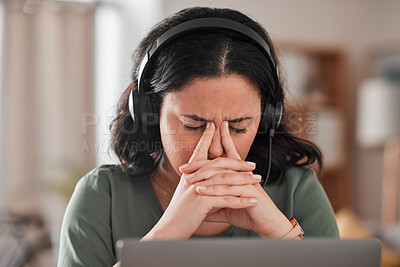 Buy stock photo Call center, headache and woman stress, fatigue and communication mistake, error or crisis for work from home. Agent, sales consultant or person with depression, pain or tired for telemarketing fail