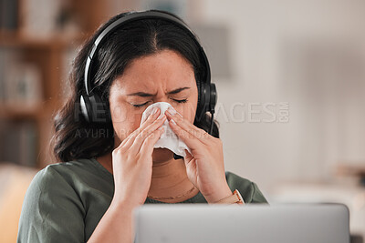 Buy stock photo Woman, sick and blowing nose in work from home office for allergies, cold virus and flu risk of telemarketing consultant. Female virtual assistant, sales agent or sneeze at laptop for allergy problem