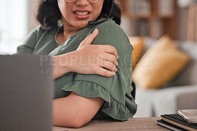 Buy stock photo Woman, hands and shoulder pain in remote work from injury, stress or burnout at home office. Closeup of female person freelancer with sore arm, ache or inflammation in discomfort, mistake or accident