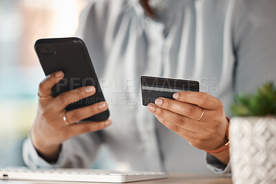 Buy stock photo Woman, credit card and hands with phone in office for finance, business accounting and banking password. Closeup of worker, mobile money and internet payment for online shopping, fintech and trading