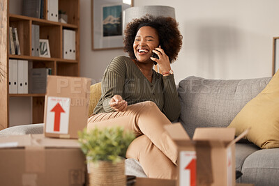 Buy stock photo Phone call, boxes and woman in new home, real estate and property investment with online communication. Conversation, talking and happy african person for moving services in living room, sofa or home