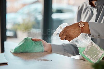 Buy stock photo Hands, cleaning and product on a wooden table for hygiene, disinfection or to sanitize a surface in a home. Gloves, bacteria and spray with a woman cleaner in the living room for housework or chores