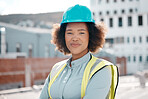 Portrait, engineer and confident woman on city rooftop for career in renewable energy. Face, architect and serious developer, solar contractor with helmet and employee from South Africa outdoor
