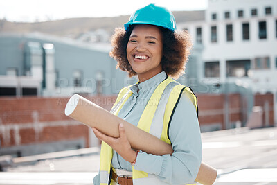 Buy stock photo Portrait, solar engineer and woman in city on rooftop for career in renewable energy. Face, architect and confident developer, contractor smile and happy worker in South Africa with blueprint outdoor
