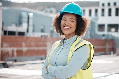 Buy stock photo Portrait, engineer and woman with arms crossed in city for career in renewable energy on rooftop. Face, architect and confident developer, solar contractor or happy worker from South Africa outdoor