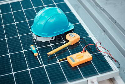 Buy stock photo Solar panels, tools and helmet, maintenance and clean energy with natural power supply and electricity. Sustainability, eco friendly technology and construction, technician equipment and photovoltaic