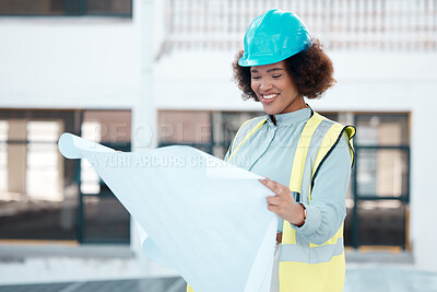 Buy stock photo Smile, engineer and woman with blueprint in city for construction, building design or development. Happy, architect and African developer with document, illustration or reading paperwork for planning