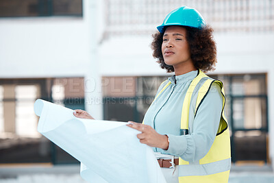 Buy stock photo Idea, engineer and woman with blueprint in city for construction, building design or development. Thinking, architect or African developer with document, illustration or vision for paperwork planning