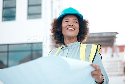 Buy stock photo Smile, architect and woman with blueprint in city for construction, building design or development. Happy, engineer and African developer with document, illustration or paperwork for project planning