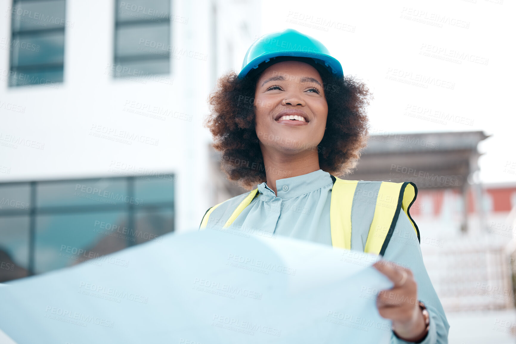 Buy stock photo Smile, architect and woman with blueprint in city for construction, building design or development. Happy, engineer and African developer with document, illustration or paperwork for project planning