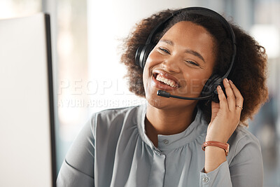 Buy stock photo Woman, portrait and call center with smile in office, headphones and microphone for young crm. African girl, customer care expert and listening for technical support, help desk and telemarketing job