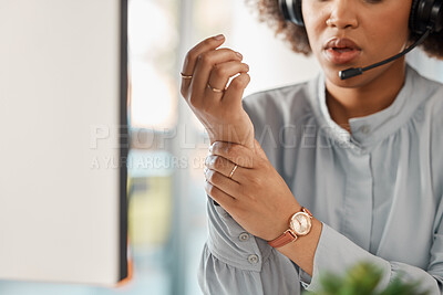 Buy stock photo Woman, call center and hands for wrist pain in office, headphones or microphone for medical emergency. African customer care expert, carpal tunnel or arthritis injury at fatigue, help desk or crm job