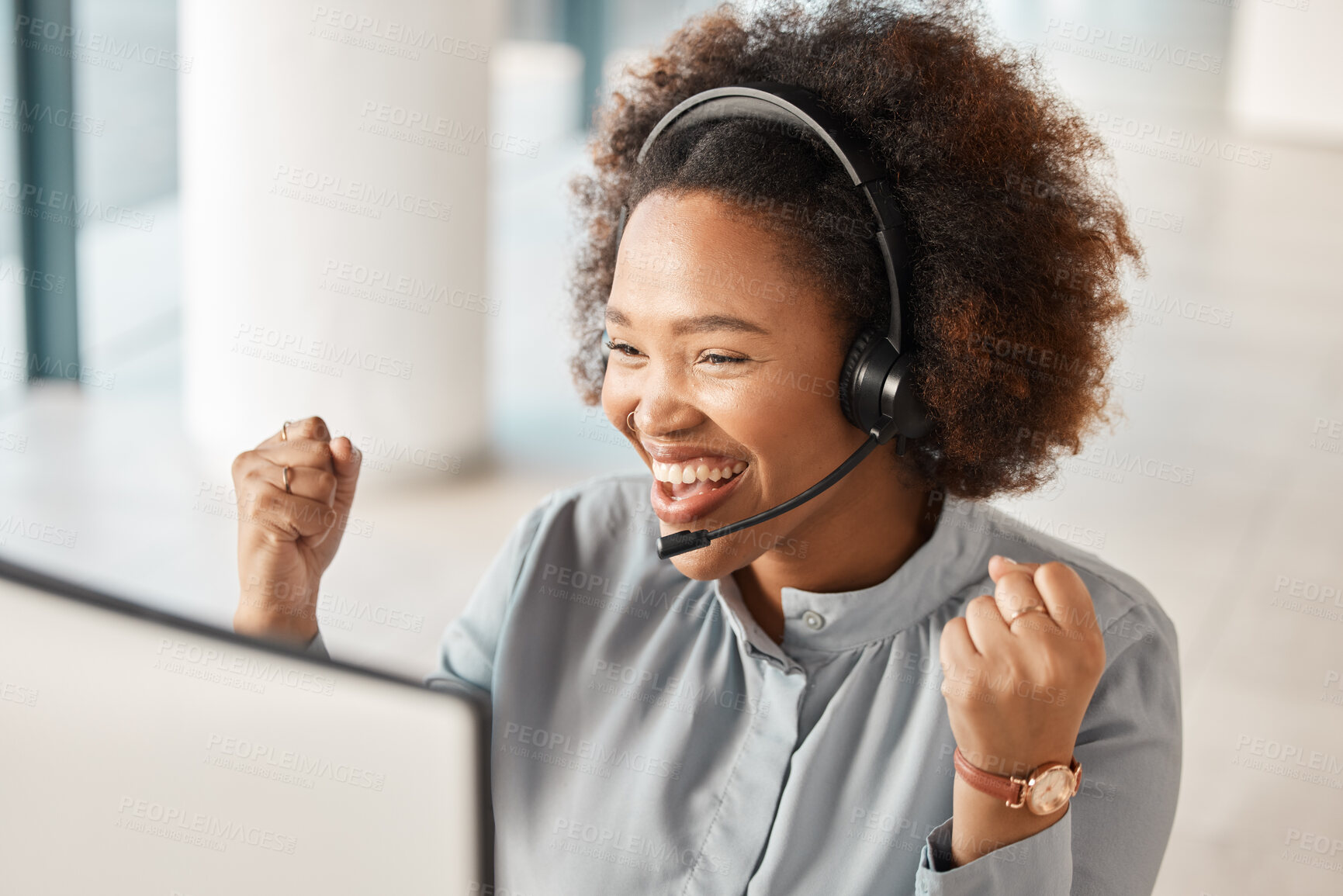 Buy stock photo Business woman, telemarketing and celebrate at computer for winning, sales bonus or call center goals. Happy female consultant with pride of success, achievement or fist of good news at desktop