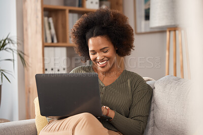 Buy stock photo African woman, laptop and remote work in home, living room and download media subscription. Happy freelancer, computer technology and typing on internet website, online shopping and reading blog