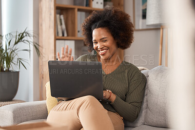 Buy stock photo Happy woman, laptop and hello on video call, internet communication and voip chat in remote work. African person wave on computer for virtual conversation, contact or online networking at home