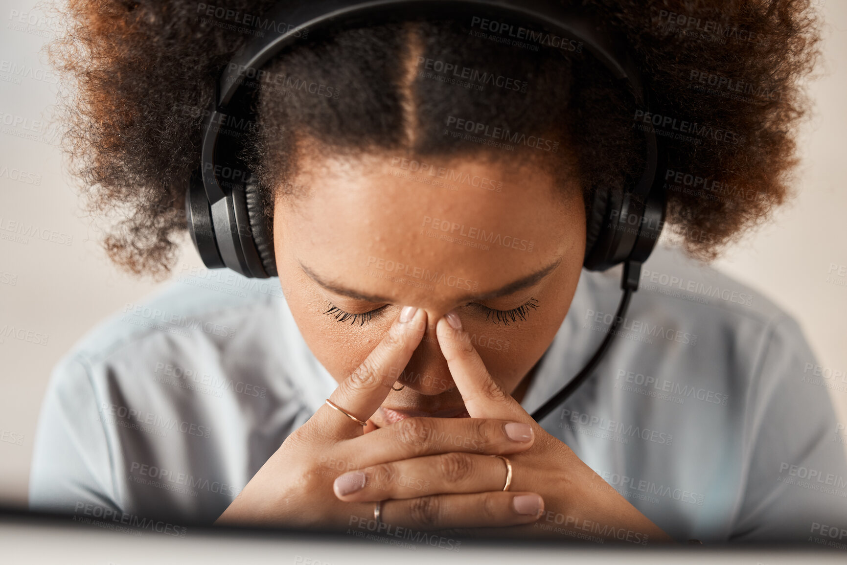 Buy stock photo Woman, headache and call center in office with pain, headphones or mic for crm with fatigue. African girl, customer service and burnout with stress for contact us, help desk or telemarketing career