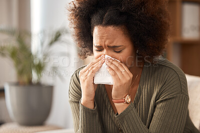 Buy stock photo Sick woman, blowing nose and tissue with flu, illness or infection disease in living room at home. Sad, frustrated or ill female person with allergy, sinus or fever sneezing in living room at house