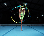Gymnastics, sports and woman with ribbon in gym for rhythmic movement, training and exercise in studio. Creative performance, sports and portrait of female dancer for competition, workout and dance