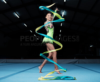 Buy stock photo Girl, portrait and gymnast with ribbon for practice during competition with creative exercise. Dancer, happy and gymnastics string for sports with woman for training with energy for healthy body.
