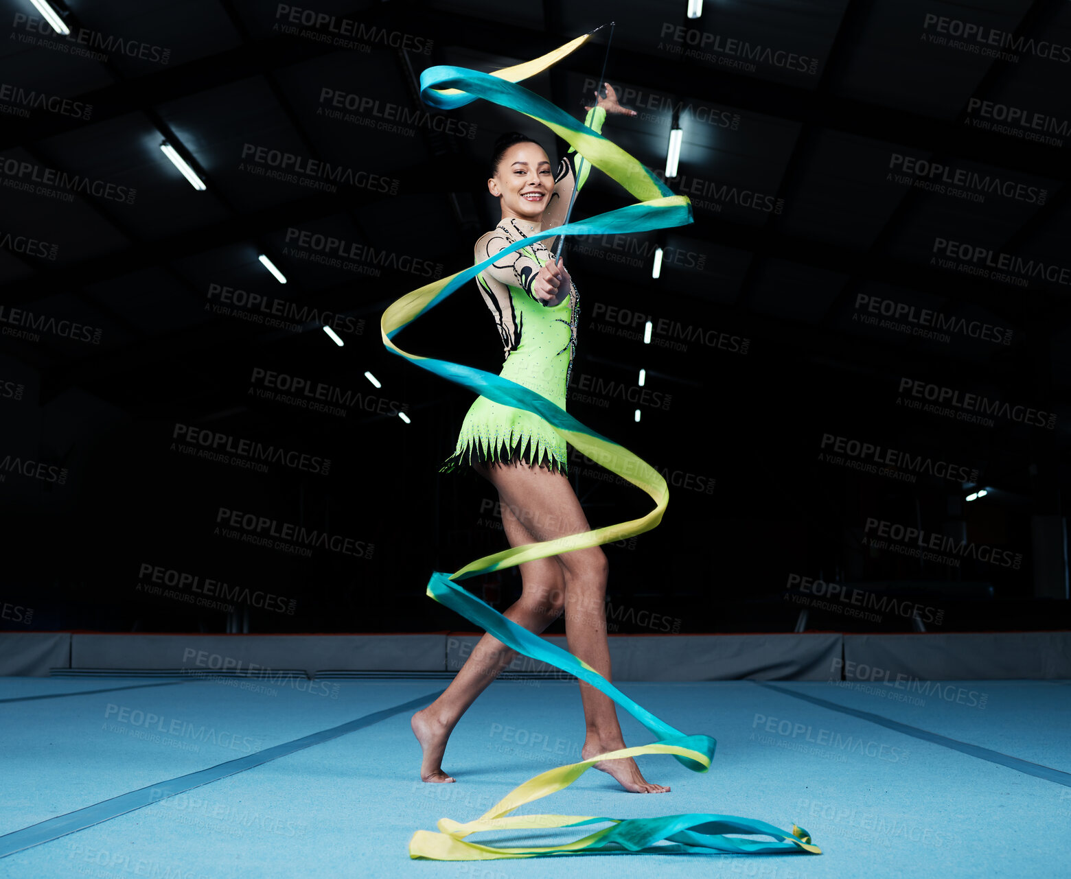Buy stock photo Girl, portrait and gymnast with ribbon for practice during competition with creative exercise. Dancer, happy and gymnastics string for sports with woman for training with energy for healthy body.