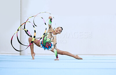 Buy stock photo Gymnastics woman, ribbon and floor in portrait, competition or sport for fitness, performance or studio. Gymnast, athlete girl and professional dancer with balance, exercise or contest for creativity