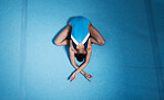 Top view, gymnast and woman stretching for performance on ground with mockup space. Sports, gymnastics and athlete training, dance and exercise for fitness, healthy body and wellness for workout
