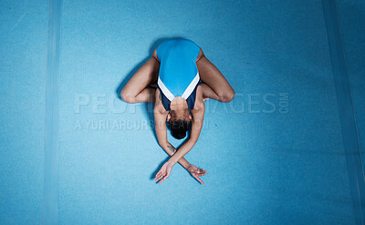 Buy stock photo Top view, gymnast and woman stretching for performance on ground with mockup space. Sports, gymnastics and athlete training, dance and exercise for fitness, healthy body and wellness for workout