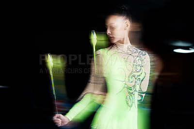 Buy stock photo Gymnastics, blur and woman with clubs for dance, rhythmic body movement and training. Black background, health and female dancer in action for aerobics competition, exercise and dancing performance