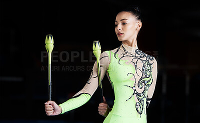 Buy stock photo Gymnastics, sports and woman with clubs on black background for dance, training or exercise. Aerobics performance, health and female dancer for competition, workout and rhythmic movement in studio