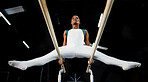 Gymnastics, bars and man at gym for fitness, workout and body, performance or training. Balance, exercise and guy acrobat at sports studio for athletics, resilience and cardio, beams or endurance