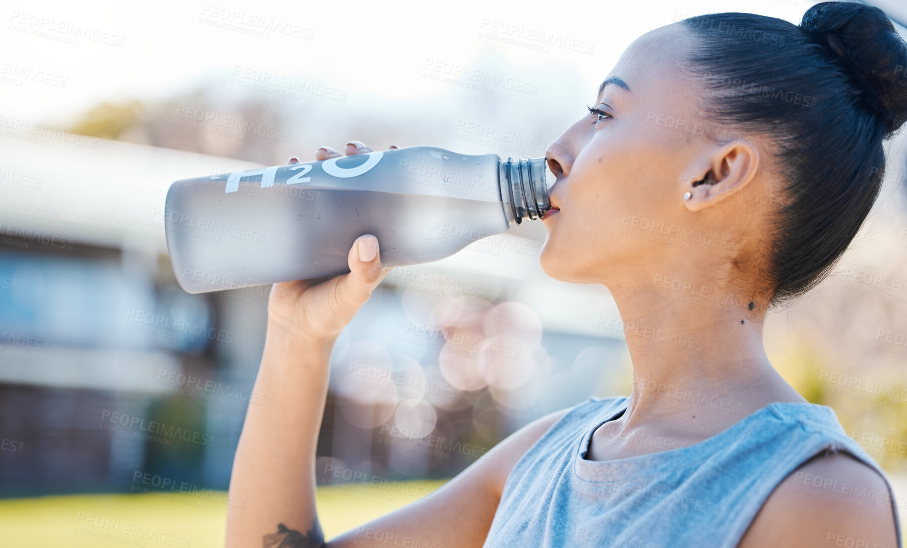 Buy stock photo Drinking water, fitness and woman for outdoor training, exercise and workout nutrition, health or wellness in park. Tired runner or athlete person with liquid bottle for running energy and cardio