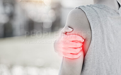 Buy stock photo Arm pain, person and closeup, fitness injury and overlay with mockup space, muscle inflammation and accident. Exercise, health problem and osteoporosis, red glow and sore from workout with anatomy