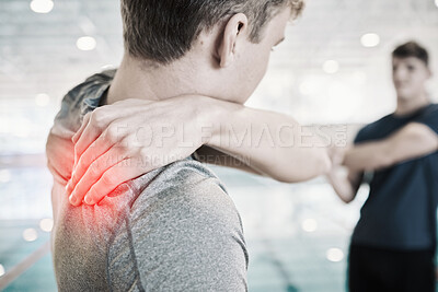 Buy stock photo Shoulder pain, man and red overlay for sports injury and inflammation at swimming pool. Massage, male person and back with wellness and exercise issue with athlete after accident and joint bruise