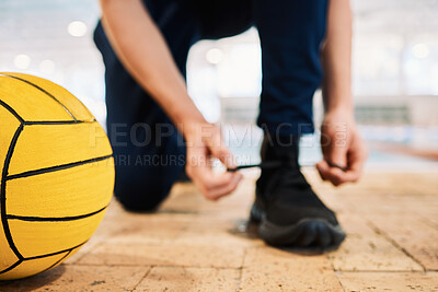 Buy stock photo Shoes, tie and a man water polo trainer by a swimming pool in preparation of water sports exercise in a gym. Fitness, workout and sports with a coach getting ready for training in a health center