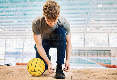 Buy stock photo Shoes, tie and a man water polo coach by a swimming pool in preparation of water sports training in a gym. Fitness, workout and sports with an instructor getting ready for exercise in a health center