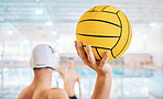Hand, swimming and a person with a ball for water polo, training and cardio in a pool. Back, start and an athlete ready for a game, match or professional sports in a competition for fitness or health