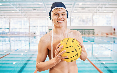 Buy stock photo Teenager, boy and ball, water polo with sports and smile in portrait at indoor swimming pool. Young male player, high school athlete and swimmer with fitness, health and game, happy with exercise
