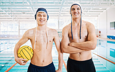 Buy stock photo Sports, swimming and portrait of male athletes with crossed arms for confidence before a competition. Fitness, smile and body of men swimmers with a volleyball standing by pool for a water polo match