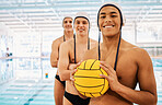 Sports, swimming and portrait of a team of athletes ready for a action volleyball competition. Happy, smile and group of confident male swimmers standing by an indoor pool for a water match.