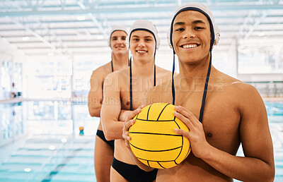 Buy stock photo Sports, water polo and portrait of a team of athletes ready for an action fitness competition. Happy, smile and group of confident male swimmers standing by an indoor pool for a swimming match.