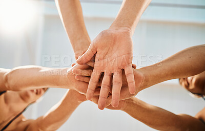 Buy stock photo Hands stacked, sports and group of people for teamwork, collaboration and community fitness, team building and goals. Mission, workout and together sign of happy man and woman for exercise from below