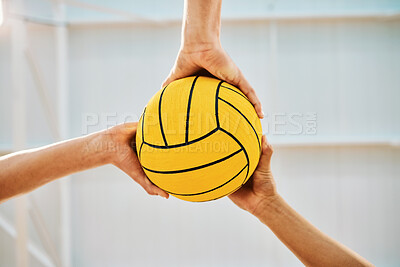Buy stock photo Hands, teamwork and water polo with sports people holding a ball in a gym for fitness or training from below. Exercise, game and solidarity with a group of athletes in a health center for a workout